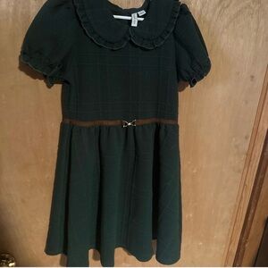 Janie and Jack Dark Green Textured Peter Pan Collar Dress with Brown Belt